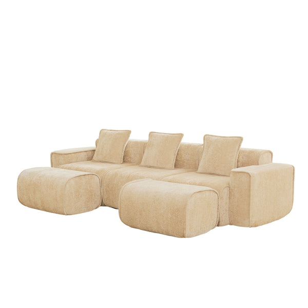 English Elm Streamlined Velvet U-shape Modular Sectional Sofa with Ottomans French Piping Cloud Foam Light Camel W3041S00353