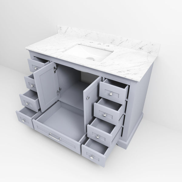 English Elm Dark Grey Single Bath Vanity With Carrara Marble Top - Ample Storage, Soft-Close Drawers & Timeless Style B2731P258212