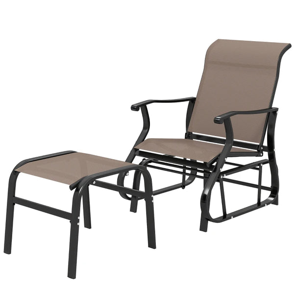 English Elm Comfortable High Back Outdoor Glider Chair and Ottoman Set with Breathable Mesh Steel Frame Black+Brown T3971P459495