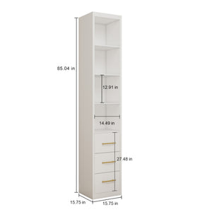 English Elm 15.75x85.04inch White Slim Tower Cabinet Four Shelves Three Drawers Bedroom Bath W5290P457931