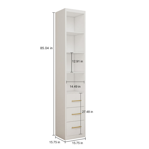 English Elm 15.75x85.04inch White Slim Tower Cabinet Four Shelves Three Drawers Bedroom Bath W5290P457931