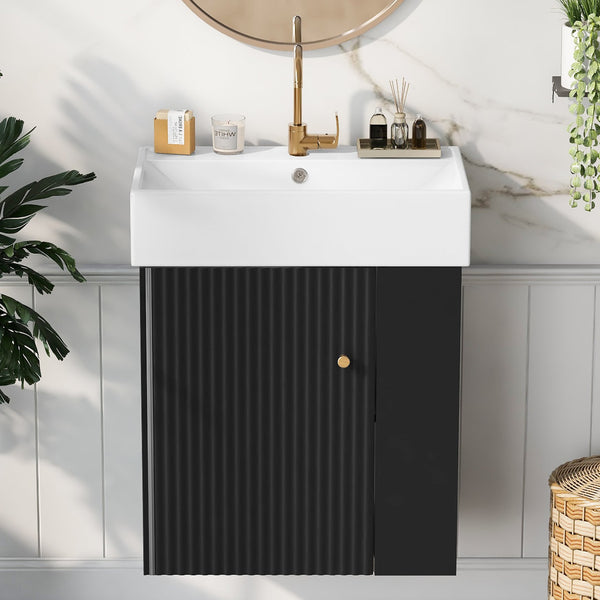 English Elm 21.6 inch Modern Floating Bathroom Vanity with Ceramic Basin, Wave Door, Rose Gold Handle Black N729P170388B