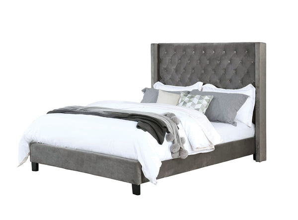 English Elm Elegant Queen Wingback Bed Tufted Upholstered Frame in Soft Flannelette Fabric Gray B2741S00846