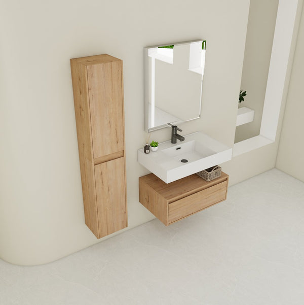 English Elm 30 Inch Wall-Mounted Bathroom Vanity Set With Resin Sink, Soft-Close Drawers & Storage Cabinets W999S00268