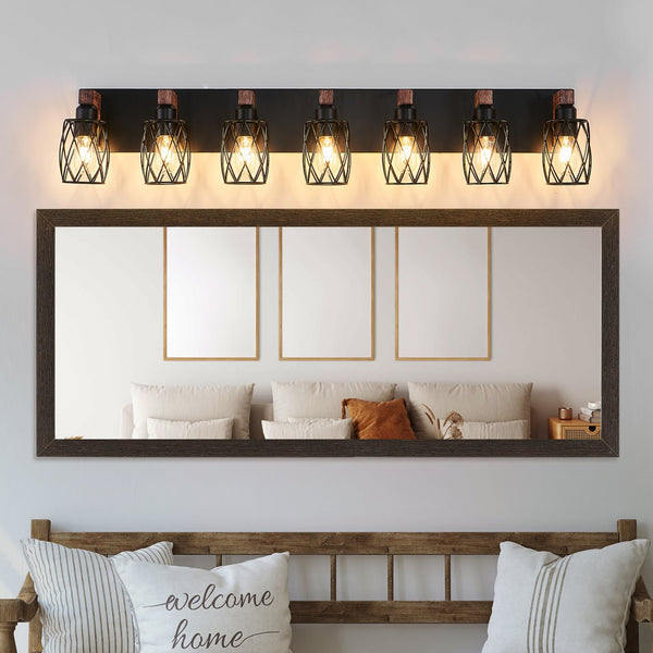 English Elm Industrial Seven Light Black Iron Cage Sconce with Walnut Wood Backplate for Bath W1340P276817