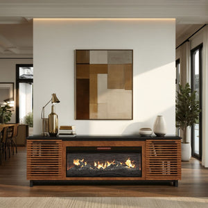 English Elm 86 Inch Electric Fireplace TV Stand Console for TVs up to 95", Two-Tone Bourbon & Black, Storage & Remote Controlled Heat B108P160228