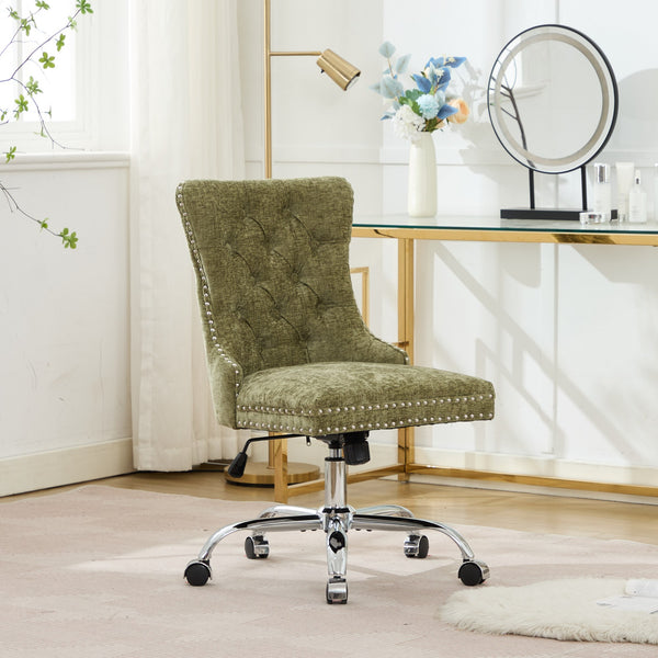 English Elm A&A Elegant Chenille Tufted Office Chair with Hand-Pulled Buttons, Nailhead Trim & Gold Chrome Base Green W1143P366777