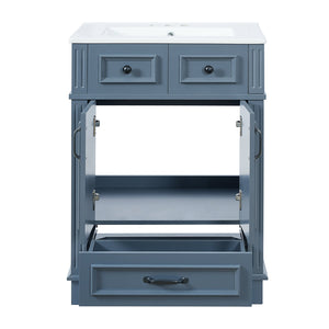 English Elm 24'' Retro Bathroom Vanity Solid Rubberwood Frame Ceramic Sink Soft Close Storage Blue N710P405405C