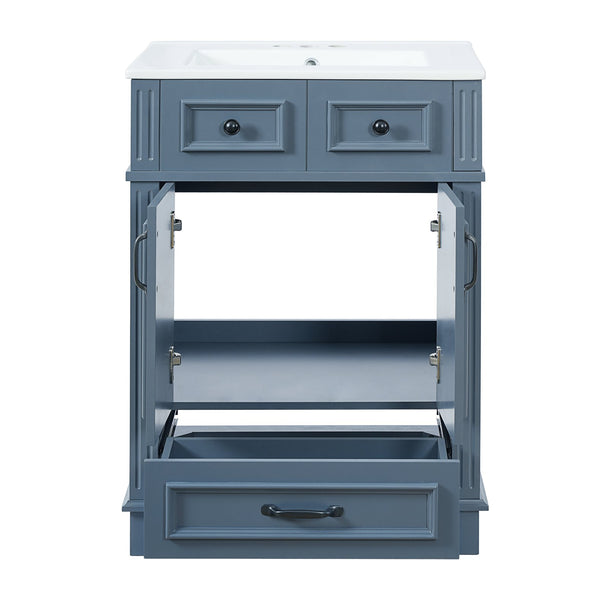 English Elm 24'' Retro Bathroom Vanity Solid Rubberwood Frame Ceramic Sink Soft Close Storage Blue N710P405405C