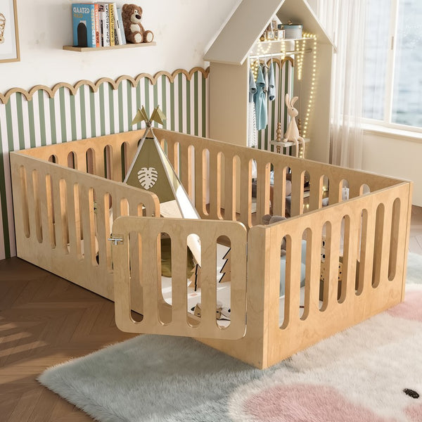 English Elm Twin Solid Pine Montessori Floor Bed with House Frame Door and Safety Fence Natural W5305P420633