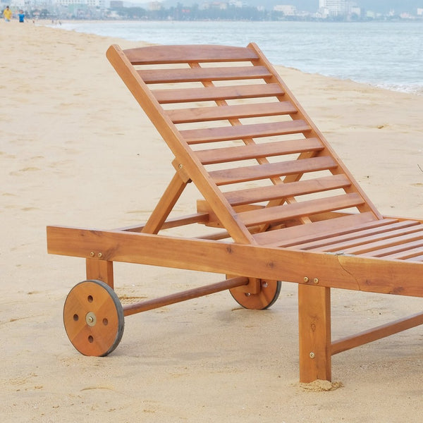 English Elm Outsunny Outdoor Folding Chaise Lounge Chair With Wheels - Stylish Acacia Wood, Teak Finish Comfort W2225P174364-GIGA