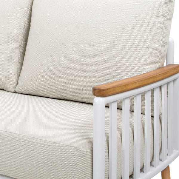 English Elm Jennifer Taylor Home - Calarono Teak & Aluminum 2pc Outdoor Sofa + Coffee Table Set in Sand Dune Chenille — Durable, UV‑Resistant Comfort and Modern Slatted Design B2719P320845