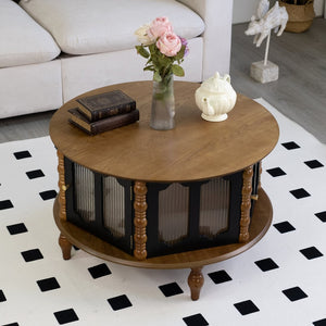 English Elm 31.5-inch Round Carved Wood Coffee Table Vintage Distressed Finish Living Room Accent W3935P406107