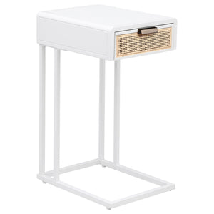 English Elm Kenneth White C-shaped Sofa Side Table with Rattan Weave Drawer for Living Rooms B062P440088