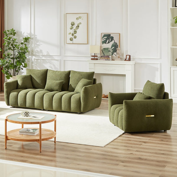 English Elm 3 Plus 1 Seater Teddy Fleece Sofa Set Wooden Frame Foam Spring Living Room Pair Green W1193S00187