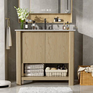 English Elm Christopher Knight Home® - 36" Modern Wall-Mounted Bathroom Vanity with Ceramic Sink, Soft-Close Doors, Fluted Accent & Open Shelves Antique Natural N817P245321N