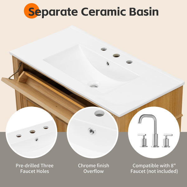 English Elm 36" Modern Bathroom Vanity with Ceramic Sink, Solid Rubber Wood & MDF, Flip Drawer, Soft-Close Doors N725P350825N