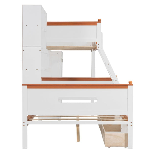 English Elm Twin Over Full Wooden Bunk Bed With Stylish Storage, Led Light, Drawers, And Wardrobe In White & Orange N820S00063K-GIGA