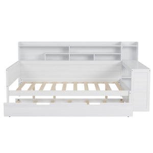 English Elm Wooden Full Size Daybed with Trundle and Built-In Desk, Side Storage Shelves for Space-Saving Rooms Antique White 70 L x 18.6 W x 5.5 H N733S242277K