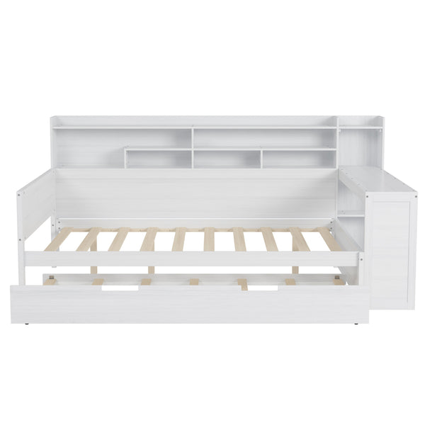 English Elm Wooden Full Size Daybed with Trundle and Built-In Desk, Side Storage Shelves for Space-Saving Rooms Antique White 70 L x 18.6 W x 5.5 H N733S242277K