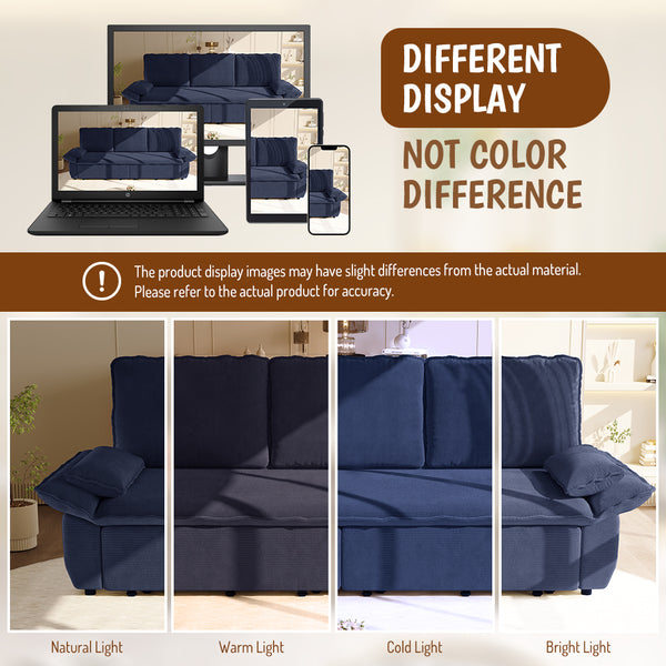 English Elm 94.5" King Convertible Sleeper Sofa Corduroy Upholstered Chaise Lounge Guest Room Bed Blue W1885S00310