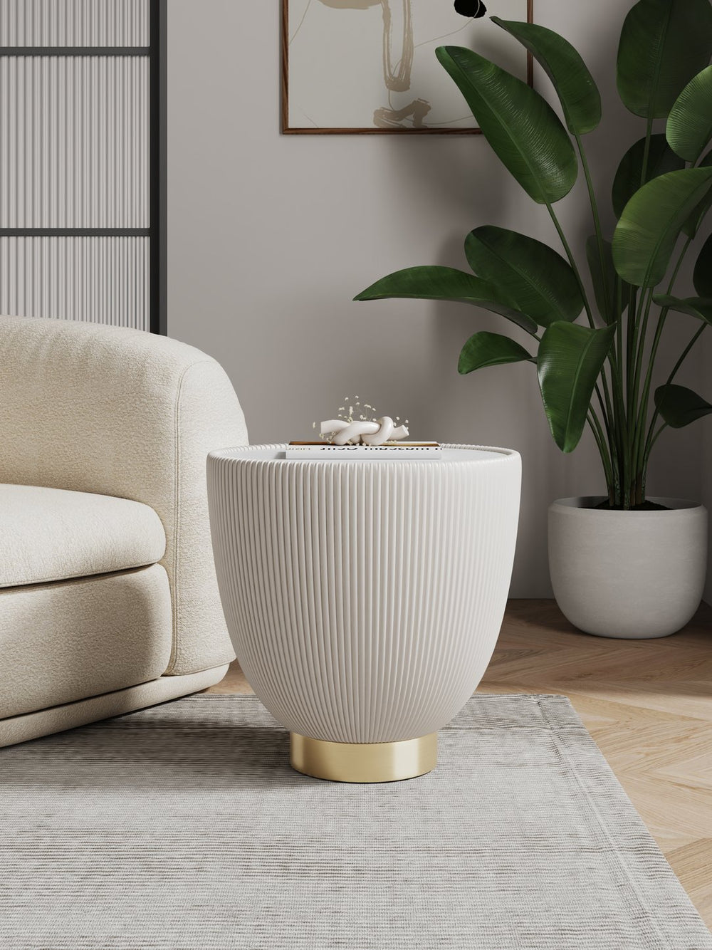 English Elm Anderson Sintered Stone Top End Table: Cream Upholstered Elegance With Gold Base, Ready To Use! B365P398478