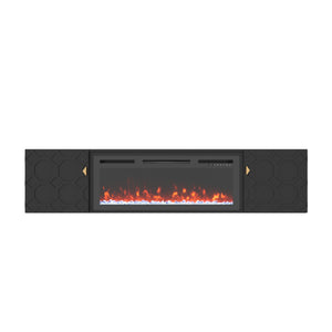 English Elm 67 in. Black Media TV Stand with High Gloss Honeycomb Doors, Gold Handles, Modern Storage Elegance T3609P347458