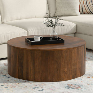 English Elm Millbury Solid Mango Wood Round Coffee Table Rustic Drum Design for Living Room Walnut Brown B136P429105