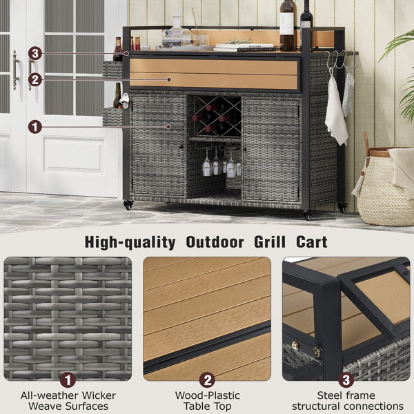 English Elm K&K Wicker Outdoor Grill Cart with Foldable Drop Leaf, Locking Wheels, Wine Rack & Ample Storage Grey N707P233747G