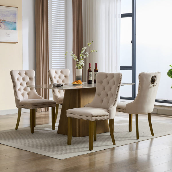 English Elm Mid-Century Tufted Velvet Dining Chair with Lion Head Pull Ring, Gold Legs, Nailhead Trim, Luxurious Support Beige W1143P233644