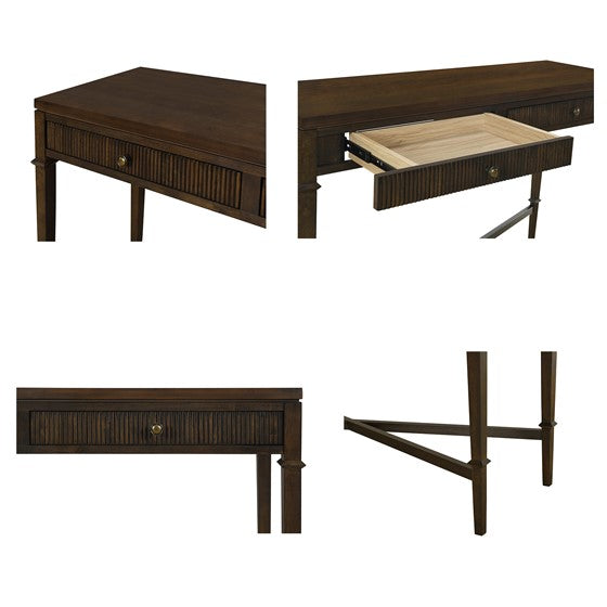 English Elm Fluted Coffee Table with 2 Drawers – Classic Fluted Wood Veneer Design, Antique Brass Knobs, Coastal Charm Brown 21.5 L x 51.5 W x 8.75 H B035P148428