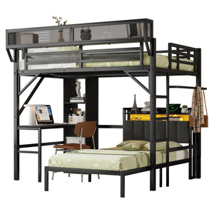 English Elm Full Full over Twin Metal Bunk Bed with Desk, Bookshelves, LED Lighting & USB Charge Station, Black W2580S00040