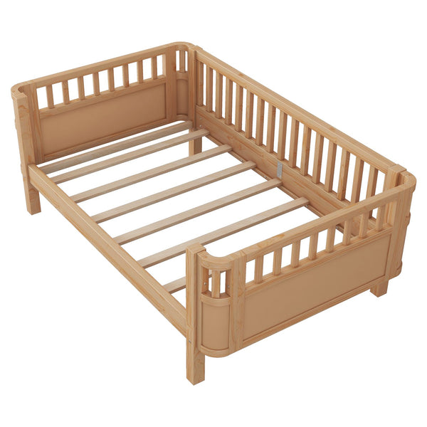 English Elm Twin Solid Wood Platform Bed with Guardrail for Kids, Low-Profile Sturdy Pine Frame, Safe Sleep Solution Natural 69.69 L x 18.5 W x 7.68 H W2593P331680