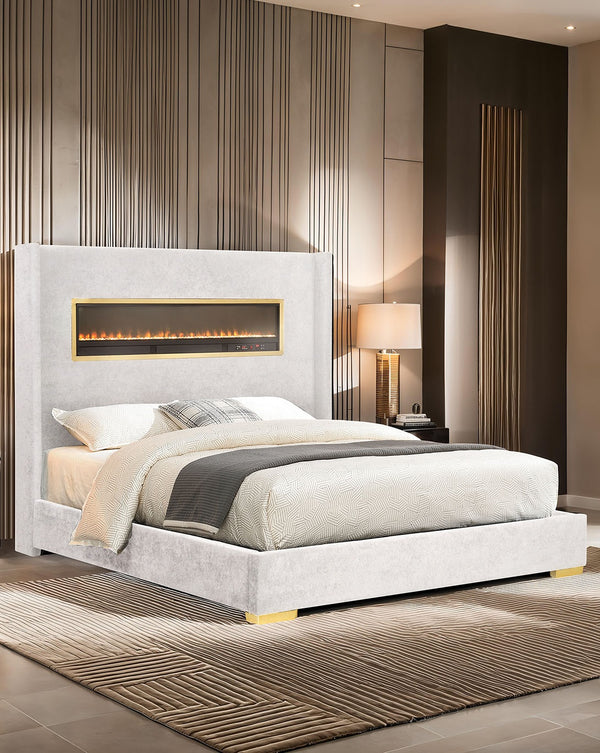 English Elm Contemporary Upholstered Platform Bed with Fireplace Simulator and Bluetooth Audio White B2741P439944