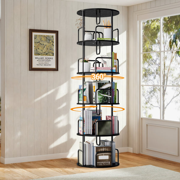 English Elm Rotating 5 Tier Spinning Bookcase Tower Slim 360 Degree Turntable Metal Frame Organizer Black W3166P367342
