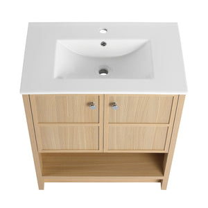 English Elm 30" Freestanding Bathroom Vanity with Ceramic Sink, Oak Plywood Finish, Soft-Closing Doors, Open Shelf W1972S00024