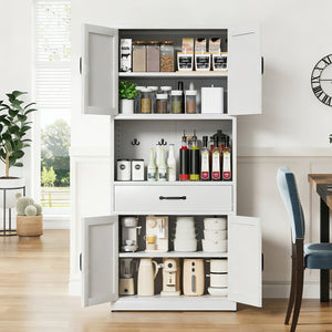 English Elm 71 Inch Steel Kitchen Pantry Cabinet with Adjustable Shelves Drawer and Hooks Modern White T2398P413028