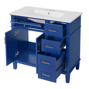 English Elm 36" Blue Modern Bathroom Vanity with Ceramic Sink, Solid Wood+MDF, Soft-Close Doors, 4 Drawers, Compact Elegance for Small Spaces N729P253935C
