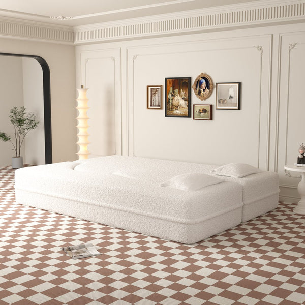 English Elm Modern Full Size Folding Sofa Bed with Teddy Fabric, Foam-Filled 15" Sleeper, 2 Pillows, No Assembly Required Beige+White W1885P272259