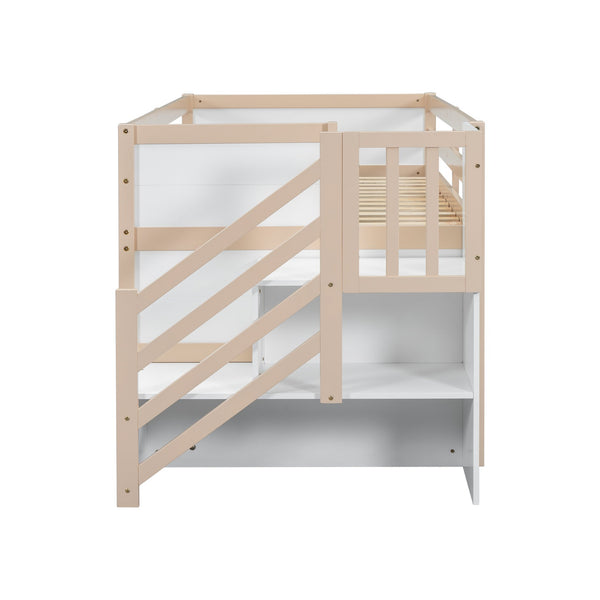 English Elm Solid Pine Twin Low Loft Bed with Stair Drawer Shelf Playhouse Frame for Kids W697S00036
