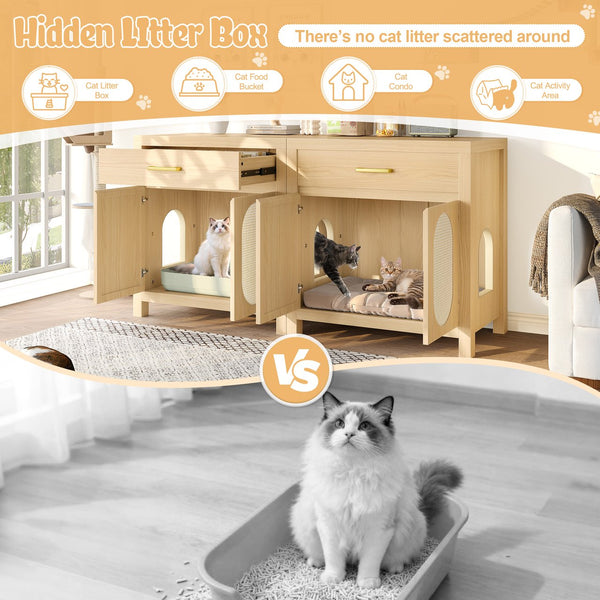 English Elm Cat Litter Box Cabinet with Sisal Doors Storage Drawer and Nightstand Surface N704P379111N