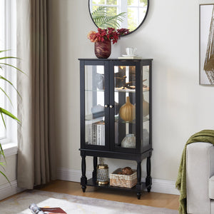 English Elm Curio Lighted Display Cabinet with Mirrored Back, Tempered Glass Doors, Solid Wood Legs, Compact Black W1693P216943