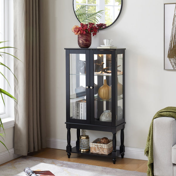 English Elm Curio Lighted Display Cabinet with Mirrored Back, Tempered Glass Doors, Solid Wood Legs, Compact Black W1693P216943