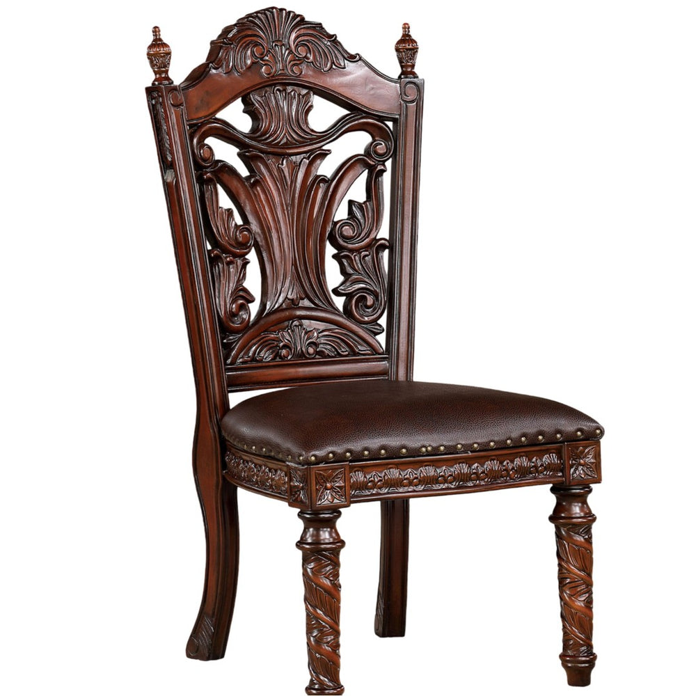 English Elm Traditional Side Chairs Set Of 2 - Brown Cherry Leatherette Seats With Carved Wood Details, Elegant Dining B011P234703-GIGA