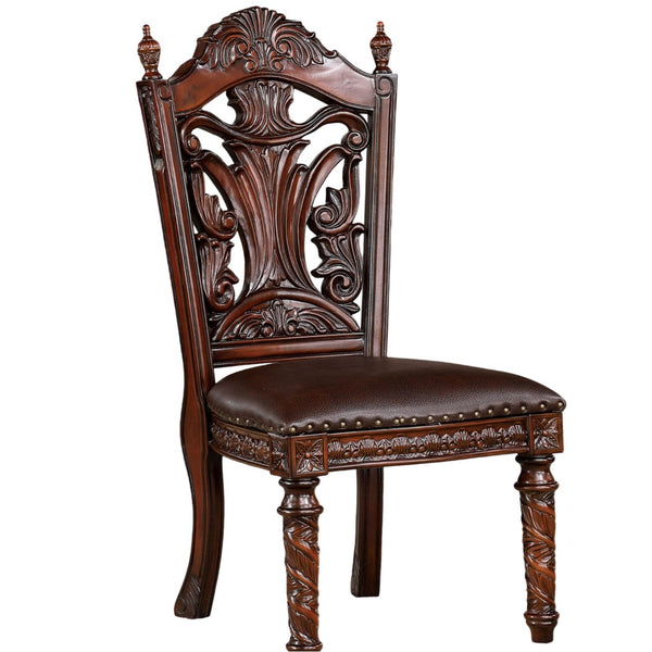 English Elm Traditional Side Chairs Set Of 2 - Brown Cherry Leatherette Seats With Carved Wood Details, Elegant Dining B011P234703-GIGA