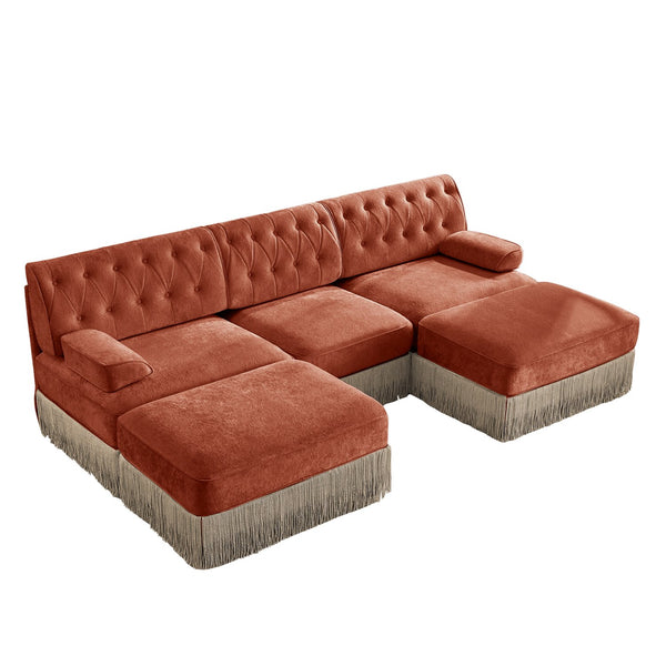 English Elm U Shaped Velvet Chesterfield Sectional with Tufting Tassel Fringe Skirt Modular Living Room Sofa Red+Brown W714S01724