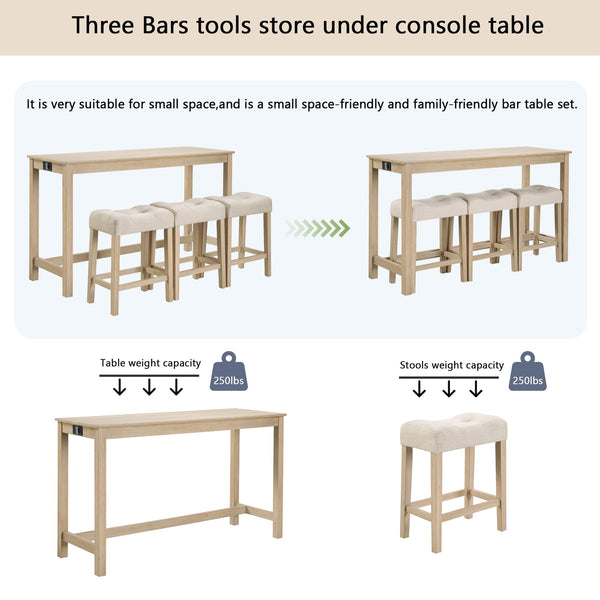 English Elm 4 Rustic Bar Table Set with Built-In Power, USB & Type-C, Water-Resistant Wood Grain Top, 59" L x 35.5" H Light Oak W1998P324485