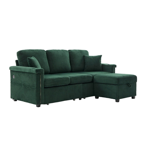 English Elm UNITED Corduroy L-Shaped Sectional Sofa with Storage Ottoman, USB Ports, Cup Holders & LED Lighting Emerald W1568P332404