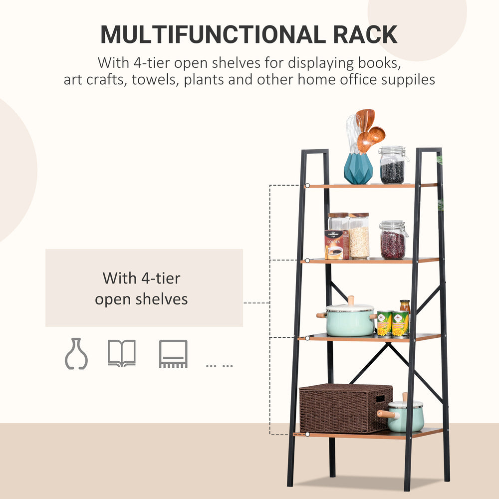 English Elm Wooden Four Tier Ladder Bookcase Steel Frame Rustic Brown Shelving for Any Room T3971P386152