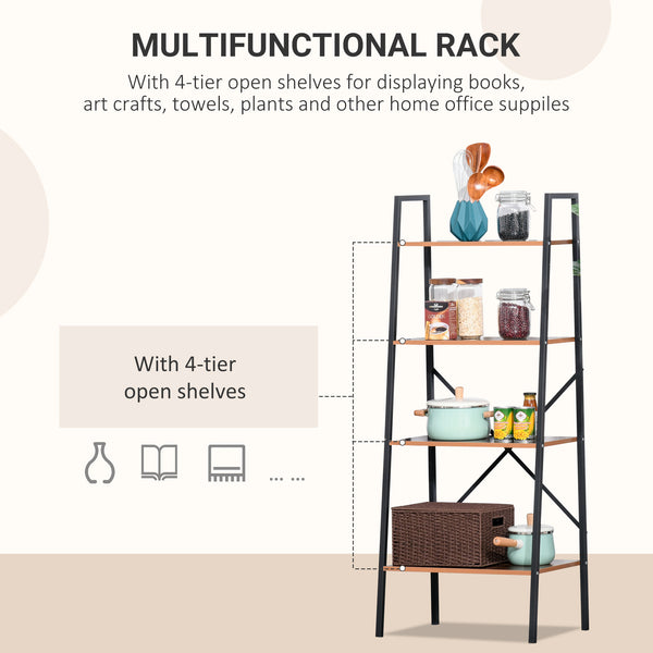 English Elm Wooden Four Tier Ladder Bookcase Steel Frame Rustic Brown Shelving for Any Room T3971P386152
